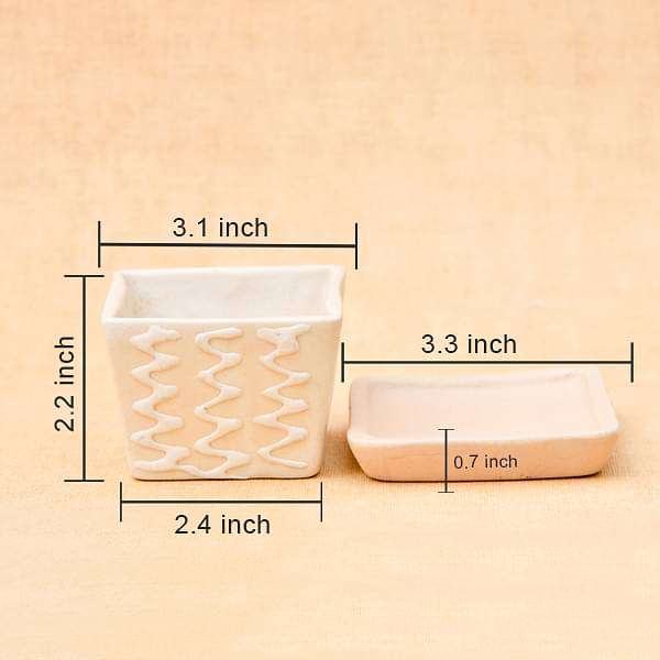 3.1 inch (8 cm) CP007 Embossed Square Cone Ceramic Pot With Plate (Beige) (set of 2) - Image 3