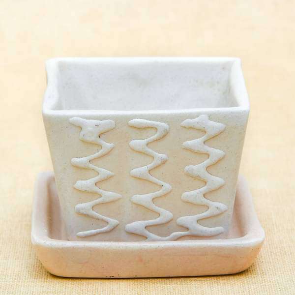 3.1 inch (8 cm) CP007 Embossed Square Cone Ceramic Pot With Plate (Beige) (set of 2) - Image 4