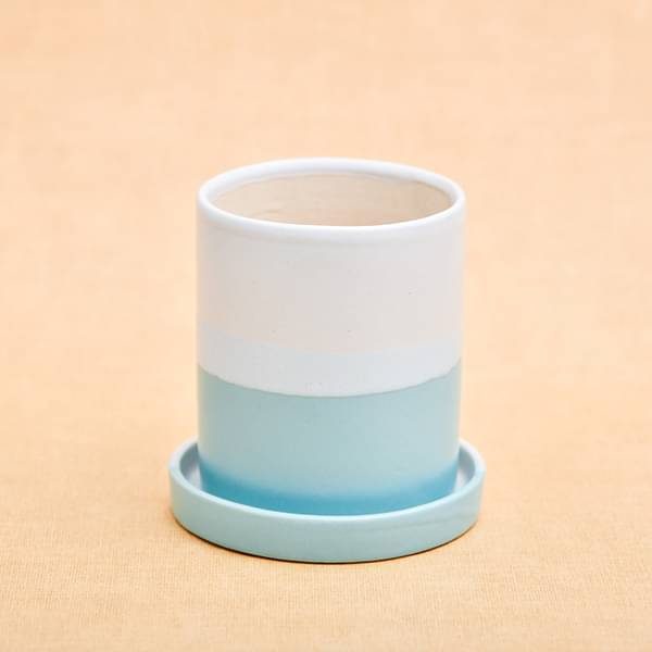 3.1 inch (8 cm) CP044 Cylindrical Ceramic Pot with Plate (White, Cyan Blue) (set of 2) - Image 4