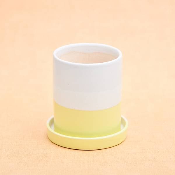 3.1 inch (8 cm) CP046 Cylindrical Ceramic Pot with Plate (White, Yellow) (set of 2) - Image 4