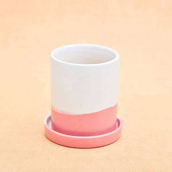 3.1 inch (8 cm) CP047 Cylindrical Ceramic Pot with Plate (White, Light Peach) (set of 2) - Image 4