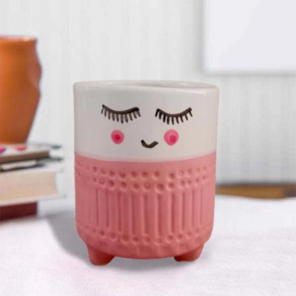 3.7 inch (9 cm) Cute Shy Girl Round Ceramic Pot - Image 4