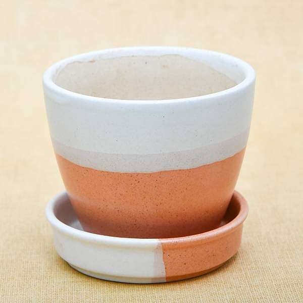 3.7 inch (9 cm) CP005 Round Egg Ceramic Pot With Plate (White, Light Peach) (set of 2) - Image 4