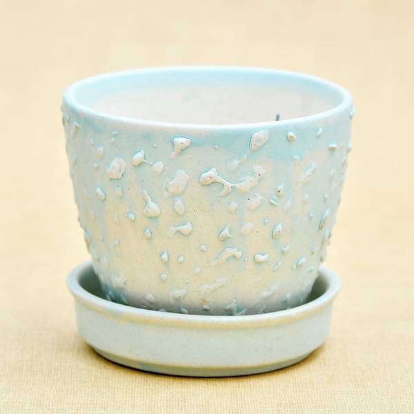 3.7 inch (9 cm) CP018 Embossed Round Egg Ceramic Pot With Plate (Aqua Blue) (set of 2) - Image 4