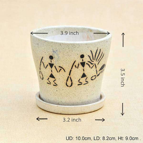 3.9 inch (10 cm) Warli Painting Marble Finish Round Ceramic Pot with Attached Plate (Light Brown) (set of 2) - Image 2