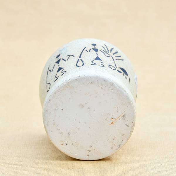 3.9 inch (10 cm) Warli Painting Marble Finish Round Ceramic Pot with Attached Plate (Light Brown) (set of 2) - Image 3