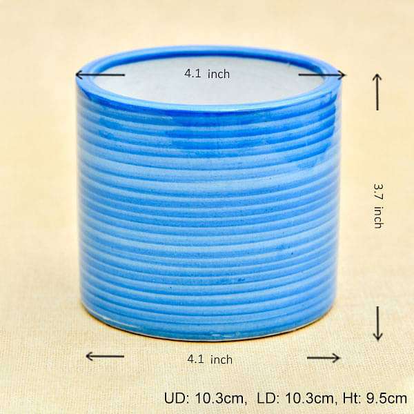 4.1 inch (10 cm) Ring Design Cylindrical Ceramic Pot (Blue) (set of 2) - Image 2