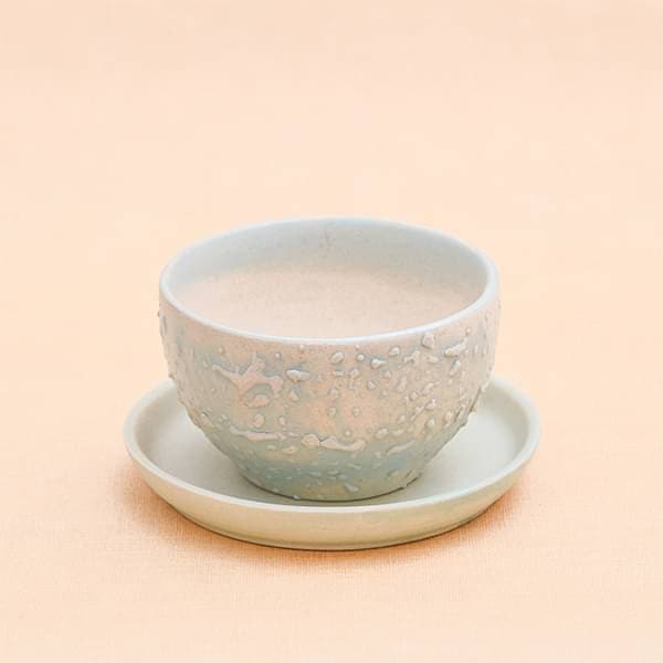 4.4 inch (11 cm) CP014 Embossed Bowl Round Ceramic Pot with Plate (Aqua Blue) - Image 3