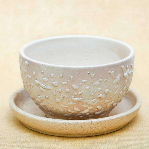 4.4 inch (11 cm) CP015 Embossed Bowl Round Ceramic Pot With Plate (Beige) - Image 4