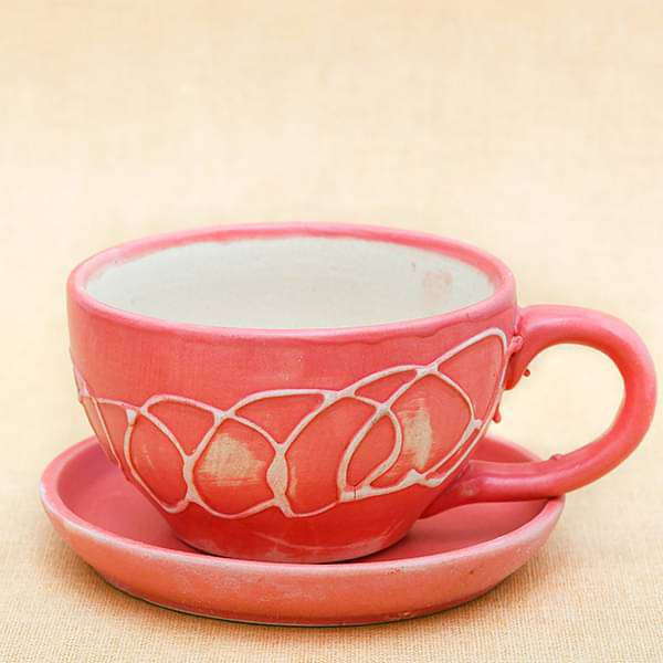 4.5 inch (11 cm) CP010 Embossed Cup Shape Round Ceramic Pot with Plate (Peach) - Image 3