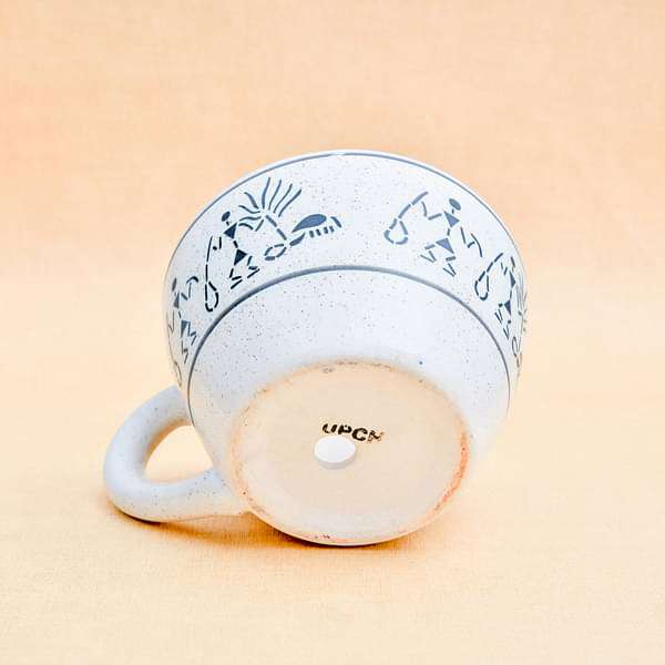 5.9 inch (15 cm) Warli Painting Cup Marble Finish Round Ceramic Pot (White) (set of 2) - Image 3