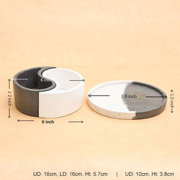 6.3 inch (16 cm) Ying Yang Concrete Pot with Plate(Rustic Black, Rustic White) - Image 2