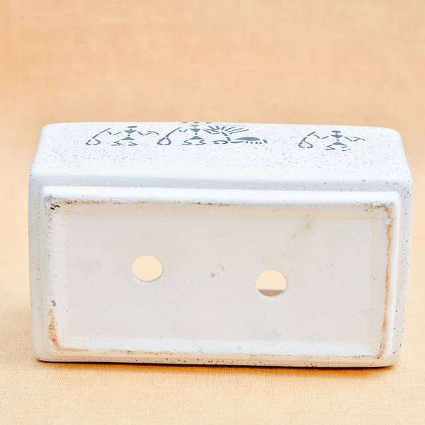 8.4 inch (21 cm) Warli Painting Marble Finish Rectangle Ceramic Pot (White) (set of 2) - Image 3