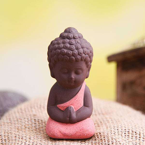 Praying buddha ceramic miniature garden toy (Orange, Matt Finish) - 1 Piece