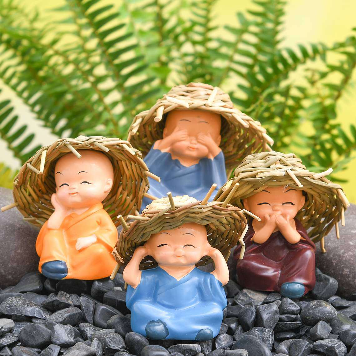 Cute monks plastic miniature garden toys (Big, Hay Hat, Matt Finish) - 4 pieces - Image 2