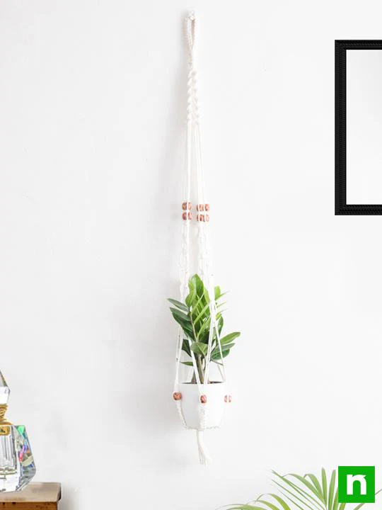 Handmade SA003 Macrame Hanger for Plants (PP, White with Beads) - Image 2