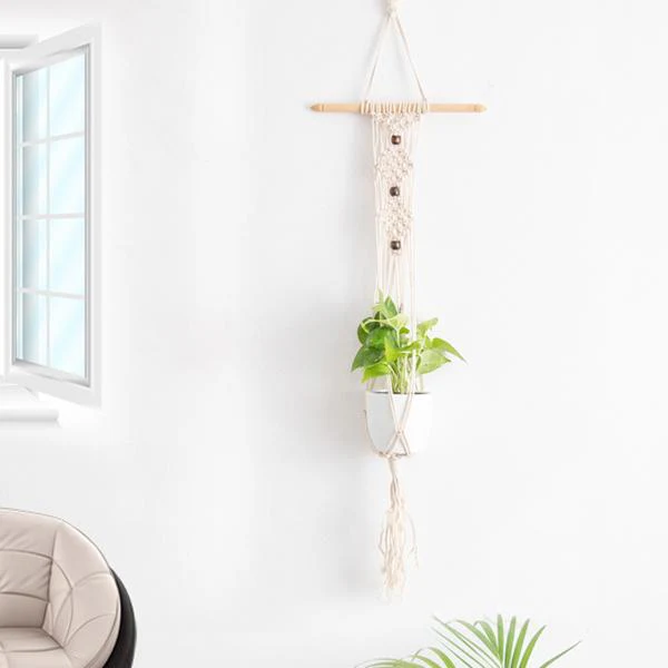 Handmade SA004 Macrame Hanger for Plants (Cotton, White with small stick)