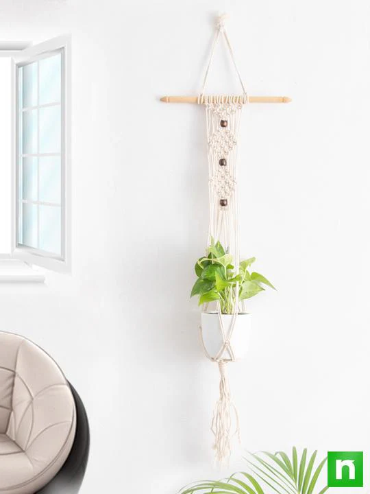Handmade SA004 Macrame Hanger for Plants (Cotton, White with small stick) - Image 2
