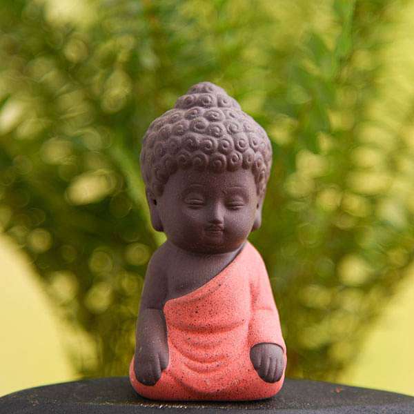 Meditating buddha ceramic miniature garden toy (Orange, Matt Finish) - 1 Piece