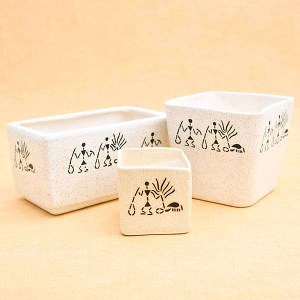 Warli Painting Ceramic Pots - Pack of 3 - Image 2